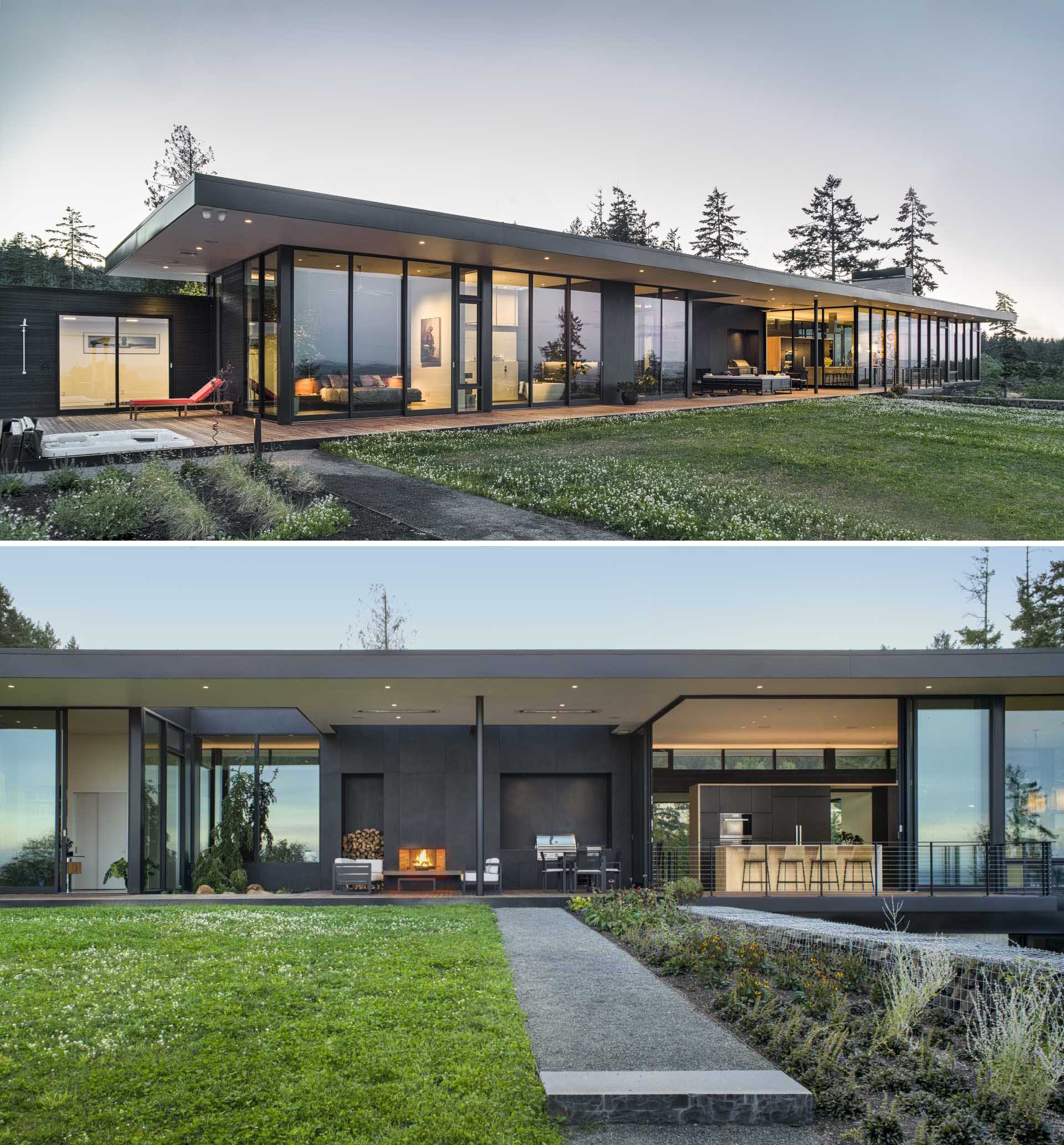 This modern home features floor-to-ceiling windows, and sliding doors are used in every east-facing room, all with the intent to blur the line between inside and out.