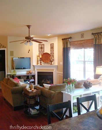 family room with corner fireplace