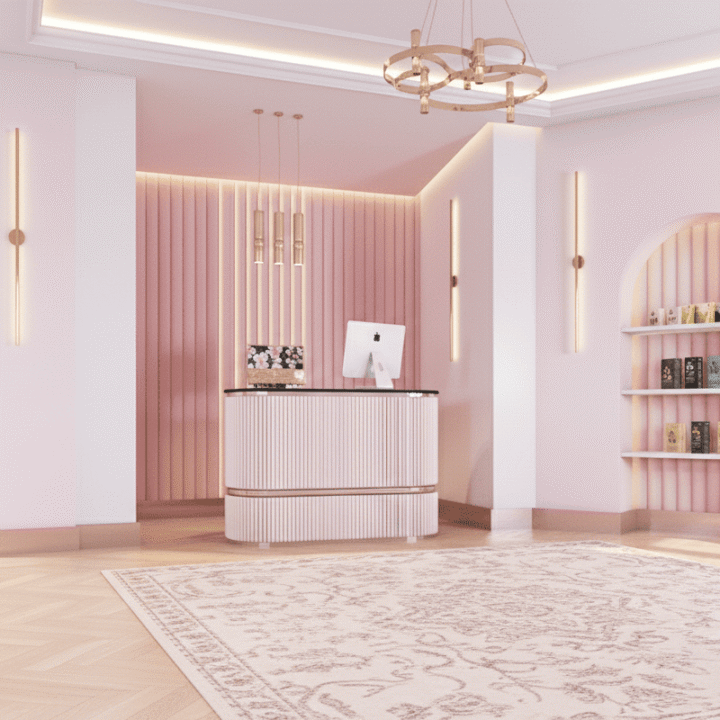 Elegant café with floral decor and counter