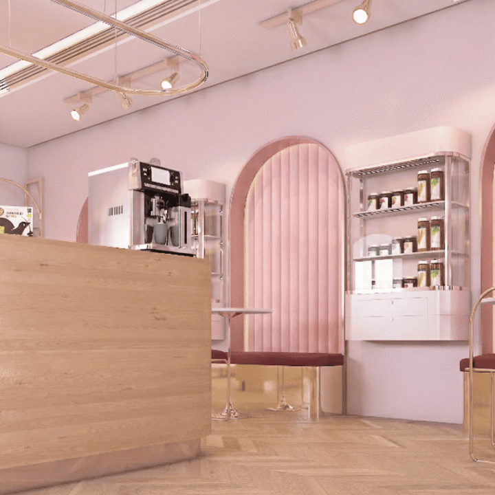 Elegant café with floral decor and counter