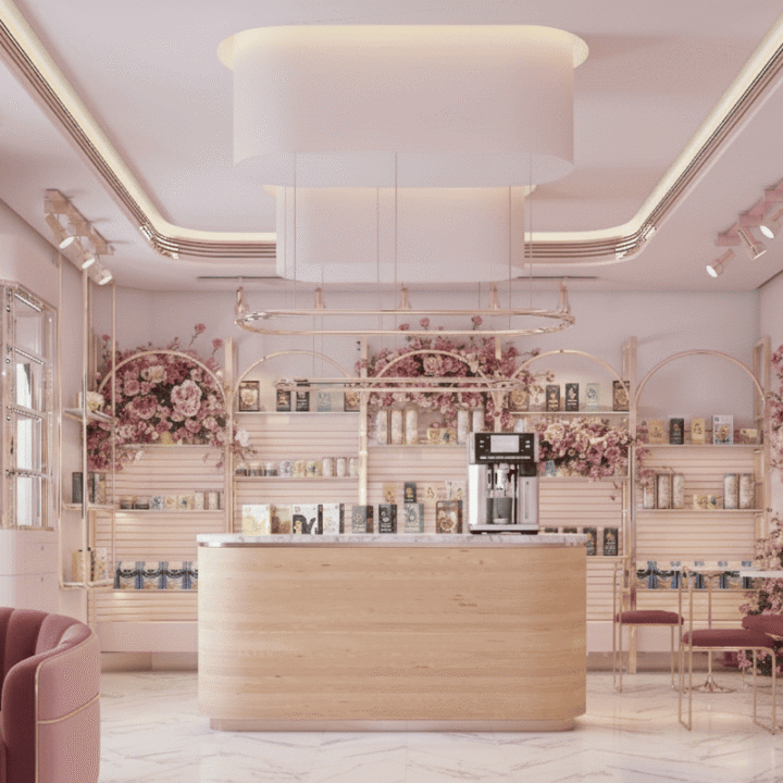 Elegant café with floral decor and counter
