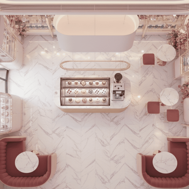 Elegant café with floral decor and counter